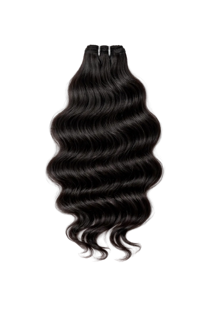Black hair extensions with loose waves on a white background