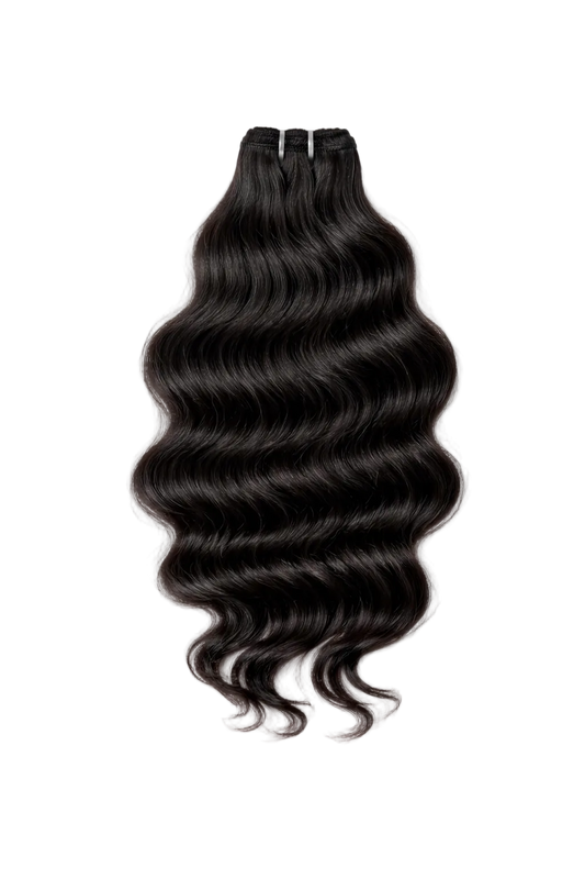 Black hair extensions with loose waves on a white background